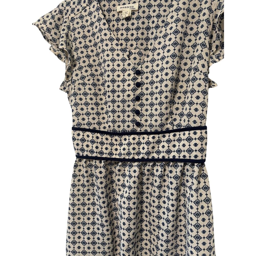 Monteau Los Angeles Dress Large Blue White Printed Ruffle Sleeve Fit & Flare - Picture 6 of 10